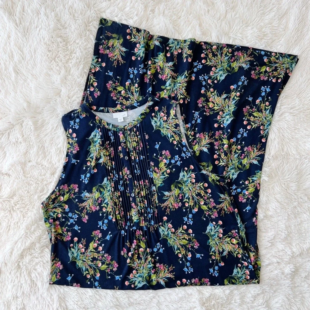 J. Jill navy blue tropical print sleeveless pin tuck maxi dress side slits
